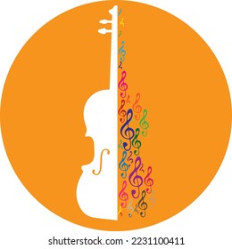 violin figure on a white background and yellow circle, musical notes completing the break