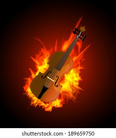 Violin in Fire Isolated on Black Background. Vector illustration