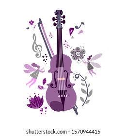Violin and flowers, flat drawn vector symbols.Little fairies with wings fly near the violin.The element of poster design for music festival
