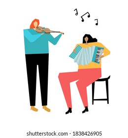 Violin and flute musicians vector illustration. Music band flat hand drawn illustration. Сartoon characters of musicians. Music concert