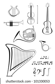 Violin, guitar, lyre, French horn, trumpet, harp and notes