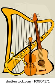 Violin, guitar, lyre, harp and notes