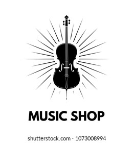 Violin icon. Beams. Music shop logo design. Music store label emblem. Musical instrument. Vector illustration