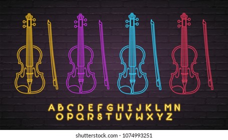 Violin Icon Different Colour Set Neon Light Glowing Vector Illustration Bright