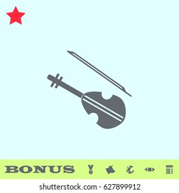 Violin icon flat. Grey pictogram on blue background. Vector illustration symbol and bonus buttons medal, cow, earth, eye, calculator