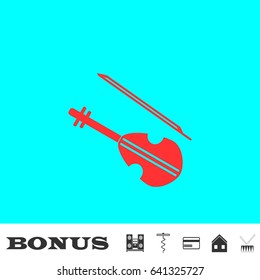Violin icon flat. Red pictogram on blue background. Vector illustration symbol and bonus buttons Music center, corkscrew, credit card, house, drum