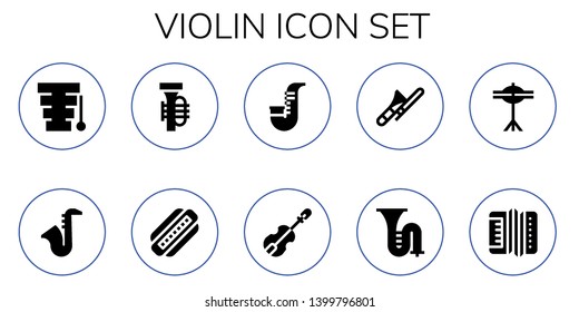 violin icon set. 10 filled violin icons.  Simple modern icons about  - Xylophone, Saxophone, Tuba, Harmonica, Violin, Trombone, Cymbals, Accordion