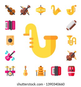 violin icon set. 17 flat violin icons.  Collection Of - accordion, cajon, saxophone, bass guitar, harmonica, trombone, cello, drum set, instrument, cymbals, xylophone, conga