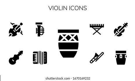 violin icon set. 9 filled violin icons. Included Conga, Accordion, Tuba, Fiddle, Cello, Violin, Trombone, Electric piano icons