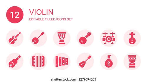 violin icon set. Collection of 12 filled violin icons included Violin, Banjo, Djembe, Drum set, Accordion, Xylophone, Mandolin, Lute, Yueqin, Timpani