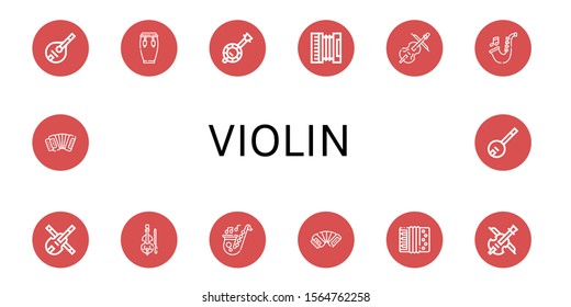 violin icon set. Collection of Mandolin, Conga, Banjo, Accordion, Cello, Saxophone, Violin icons