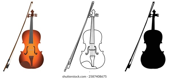 Violin icon with three types,colored model,outline type and silhouette type,musical instrument,vector illustration on white background.