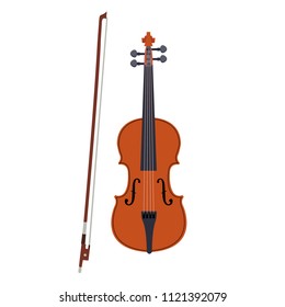 Violin icon. Vector illustration of brown violin with bow isolated on a white background. Stringed musical instrument 