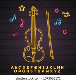 Violin Icon Yellow Light Neon Light Glowing Vector Illustration Bright Alphabet Neon Bright