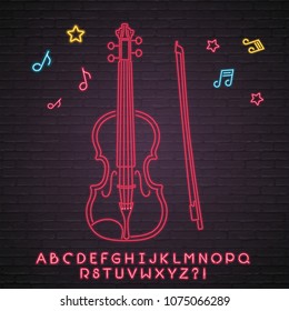 Violin Icon Yellow Light Neon Light Glowing Vector Illustration Bright Alphabet Neon Bright