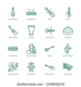 violin icons. Editable 16 violin icons. Included icons such as Contrabass, Xylophone, Violin, Bass Guitar, Conga, Violoncello, Cymbals, Harmonica. trendy icons for web.