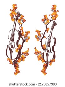 violin instrument among autumn maple tree branches - fall season outdoor classical music concert vector design set