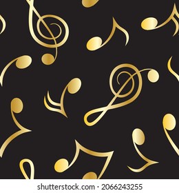 Violin key and musical notes sign golden symbol seamless pattern on black background. Vector illustration.