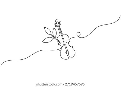 Violín con rama de hoja continua Una línea de arte Naturaleza y Vector de música
