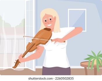 Violin lessons hobby 2D vector isolated illustration. Excited blond woman playing instrument with bow flat character on cartoon background. Colorful editable scene for mobile, website, presentation