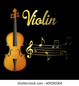 Violin and music note isolated black background. Vector illustration.