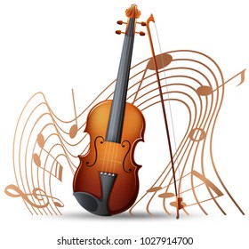 Violino com notas musicais na ilustração de fundo