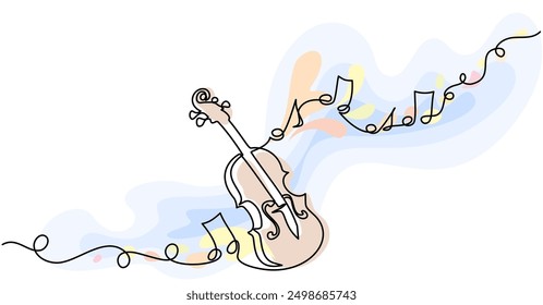 Violin with music notes. Music education. Musical instrument for decoration, design, banners, festival invitations, music shop. Continuous one line drawing. Vector illustration.