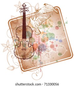 Violin, music sheets, flying doves on the color paint background of stylized ornament &  orchid flowers