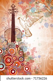 Violin, music sheets, flying doves on the color paint background of stylized ornament &  orchid flowers