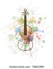 Violin, music sheets on the color paint background of stylized ornament &  orchid flowers