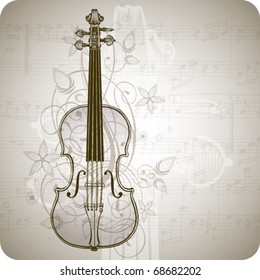 violin, music sheets & vintage floral ornament