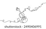 Violin with music stand and notes. Music education. Musical instrument for decoration, design, banners, festival invitations, music shop. Continuous one line drawing. Vector illustration.