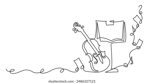 Violín con soporte de música y notas. Educación musical. Instrumento musical para decoración, diseño, Anuncios, invitaciones al festival, tienda de música. Dibujo continuo de una línea. Ilustración vectorial.