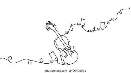 Violin with music stand and notes. Music education. Musical instrument for decoration, design, banners, festival invitations, music shop. Continuous one line drawing. Vector illustration.