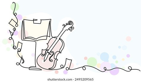 Violin with music stand and notes. Music education. Musical instrument for decoration, design, banners, festival invitations, music shop. Continuous one line drawing. Vector illustration.