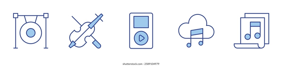 violin, musical composition, music player, music cloud, gong. Music Icon vector illustration. Line Duotone style. Editable stroke.