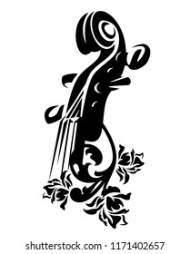 violin musical instrument among rose flowers - black and white vector design