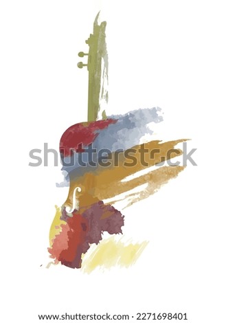 A violin musical instrument is seen in an abstract watercolor painting isolated on a white background in a vector illustration.
