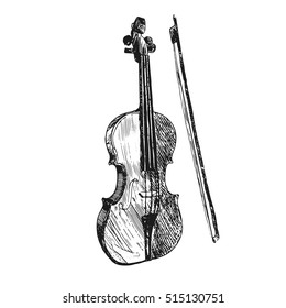 Violin. Musical instruments. Sketch hand drawn vector illustration. Engraving retro vintage style.