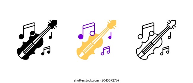 Violin and musical notes icon set. Entertainment and music icon. Art vector illustration set. Editable row set. Silhouette, colored, linear icon set.