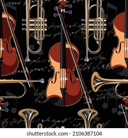 Violin with a musical trumpet on a black background. Seamless pattern with stringed wind musical instruments. 