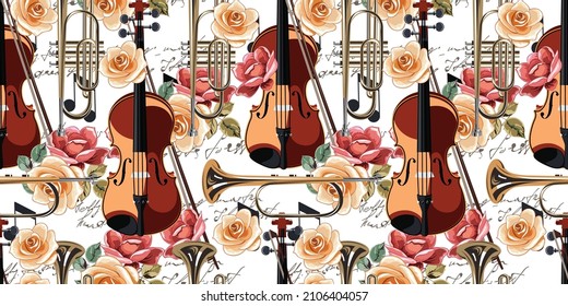 Violin with musical trumpet and roses on a white background. Seamless pattern with string and wind musical instruments and blooming flowers. Very beautiful seamless pattern. 