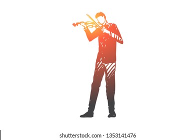 Violin, musician, man, concert, instrument concept. Hand drawn man playing violin concept sketch. Isolated vector illustration.