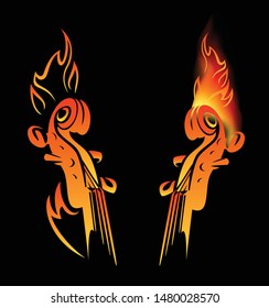 violin neck among fire flames - hot burning cello musical instrument vector design set