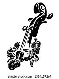 violin neck among iris flowers - classical musical instrument black and white vector floral design