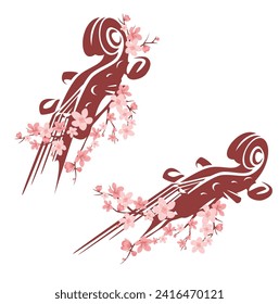 violin neck decorated with blooming sakura flower branches - classical music and string instrument nature harmony vector design