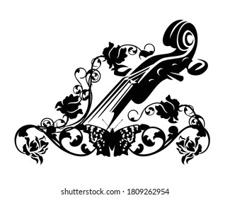 violin neck decorated with rose flowers and butterfly - classical music and string instrument harmony black and white vector design