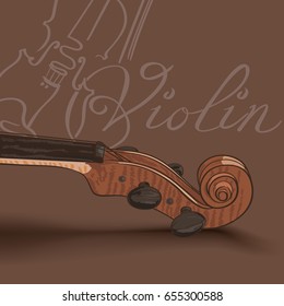violin neck on brown background. drawing by hand vector illustration