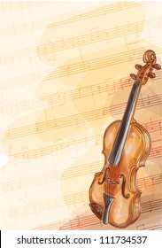 Violin on music background with handmade notes. Watercolor style. Vector illustration.