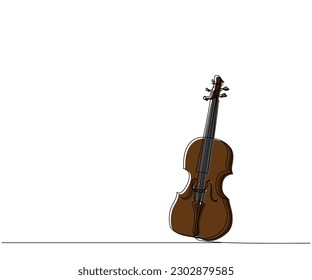 Violin one line color art. Continuous line drawing of musical, melody, violin, vintage, music, retro, symphonic, orchestra, playing, instrument, fiddle, viola, symphony, cello, musician, string.